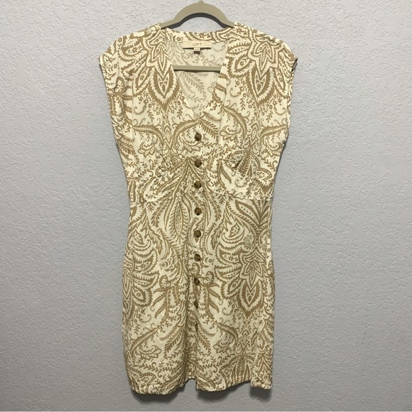 Loft Women’s Petite Floral V-Neck Button Cap Sleeve Linen Blend Flare Dress - Picture 1 of 7